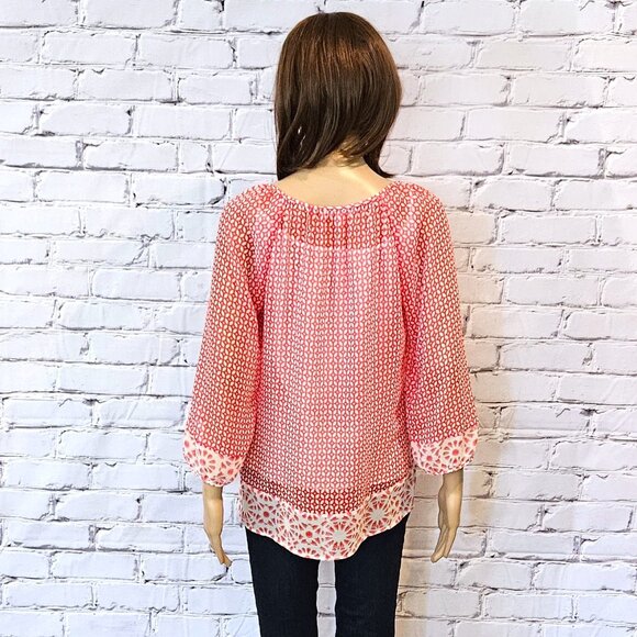 BANANA REPUBLIC - Red and white floral print 3/4 sleeve blouse - Picture 9 of 10